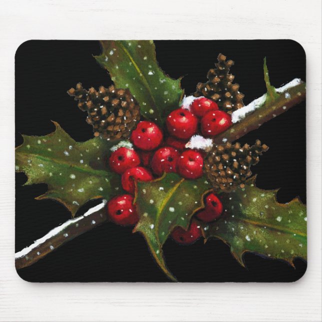 Holly Berries, Pine Cones: Christmas Oil Pastel Mouse Mat (Front)