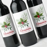 Holly Berries Pine Merry Christmas Wine Label<br><div class="desc">Holly leaves,  red berries,  pine branches,  your greeting and names in chic red lettering,  these wine bottle labels are stylish for any Christmas holiday occasion or to personalize your wine gifts.</div>