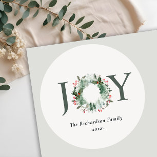 Holly Berries Pine Tree Joy Christmas Wreath Classic Round Sticker