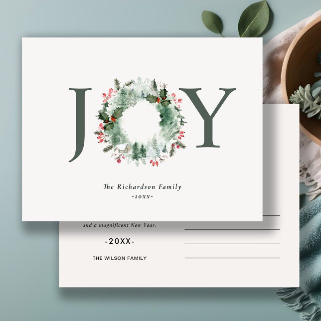 Holly Berries Pine Tree Joy Christmas Wreath Postcard (Creator Uploaded)