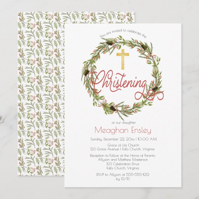 Holly | Berries Pine Wreath Christmas Christening  Invitation (Front/Back)