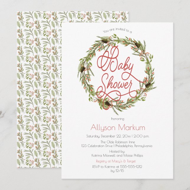 Holly | Berries Pine Wreath Holiday Baby Shower In Invitation (Front/Back)