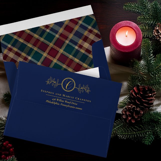 Holly Berries Plaid Gold Monogram Return Address Envelope (Elegant Holly and Berries with Gold Monogram Return Address | Inside Plaid Pattern Envelope - Blue)