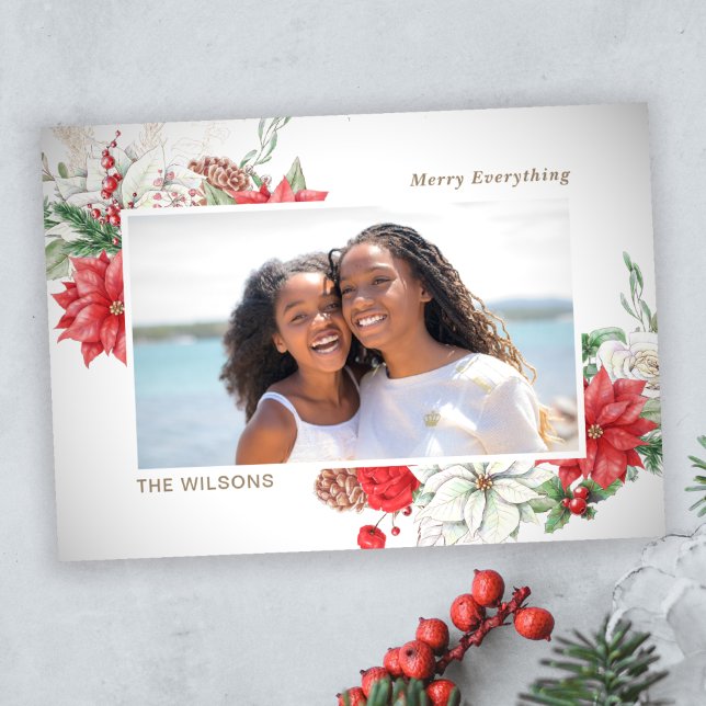 Holly Berries Poinsettias Pine Cone Photo Holiday Card (Creator Uploaded)