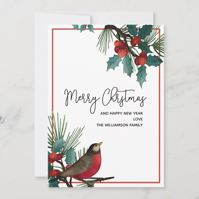 Holly Berries Red Bird Merry Christmas Holiday Card (Front)