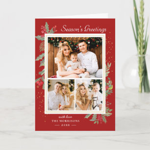 Holly Berries Red Christmas Gold Confetti 3 Photo Holiday Card