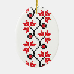 Holly Berries Red flower cross-stitch design Ceramic Tree Decoration