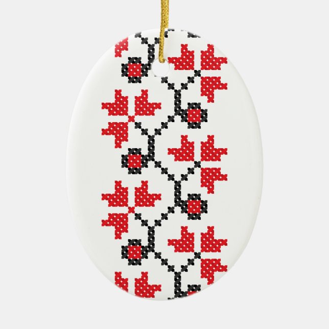 Holly Berries Red flower cross-stitch design Ceramic Tree Decoration (Front)