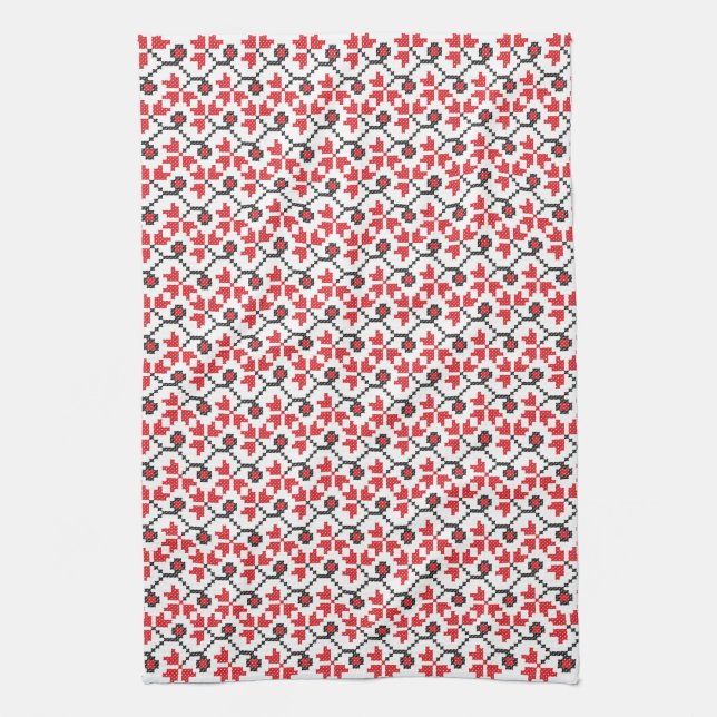 Holly Berries Red flower cross-stitch design Tea Towel (Vertical)