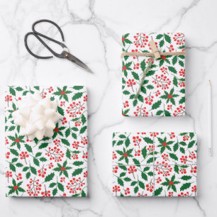 Holly Berries Red Green Botanical Christmas Wrapping Paper Sheet
