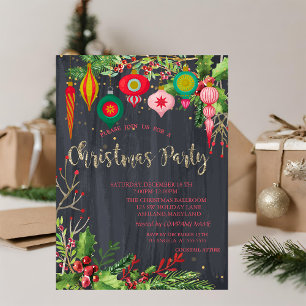 Holly Berries,Retro Balls Black Christmas Invitation