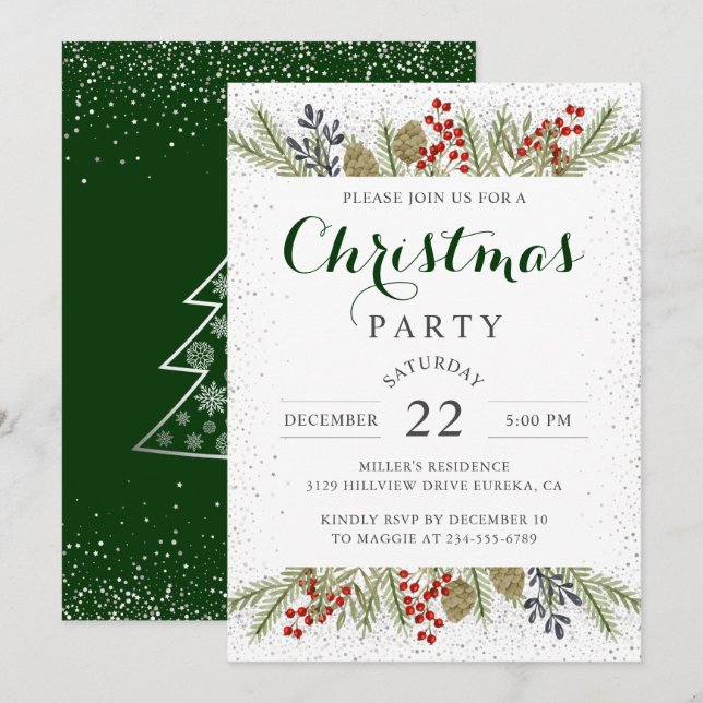Holly Berries Silver Glitter Christmas Party Invitation (Front/Back)