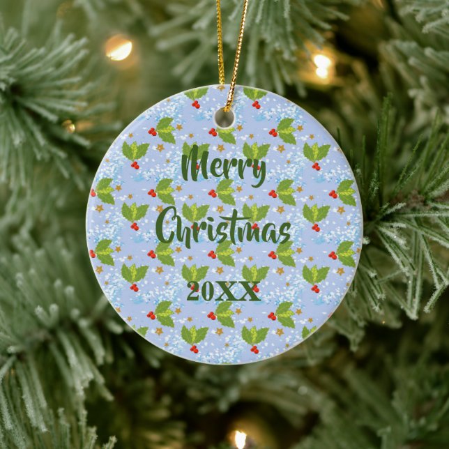 Holly berries snow and stars small scale pattern ceramic tree decoration (Tree)