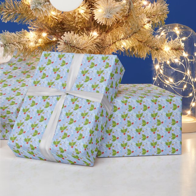 Holly berries snow stars blue background pattern wrapping paper (Holidays)
