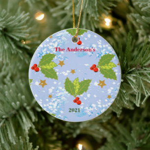 Holly berries snow stars surface pattern name year ceramic tree decoration