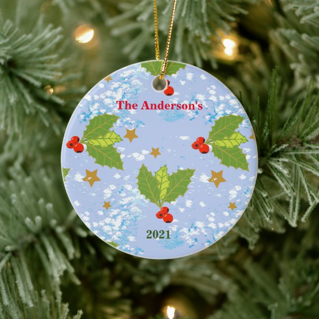 Holly berries snow stars surface pattern name year ceramic tree decoration (Tree)
