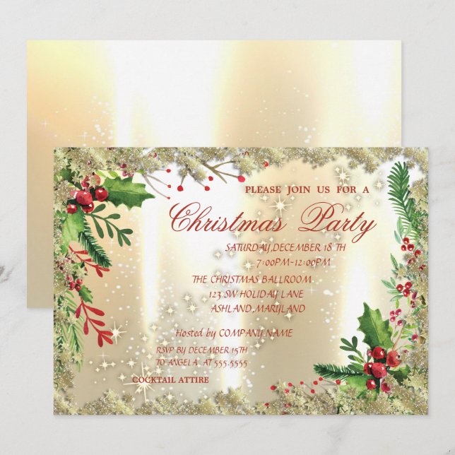 Holly Berries,Snowflakes,Corporate Christmas Party Invitation (Front/Back)