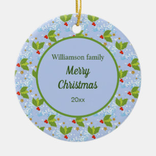 holly berries stars snow pattern Merry Christmas Ceramic Tree Decoration