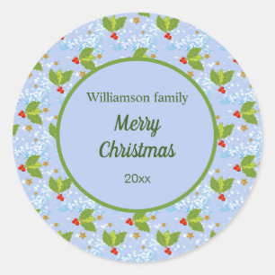 holly berries stars snow pattern Merry Christmas Classic Round Sticker