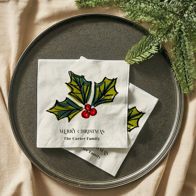 Holly Berries Watercolor Christmas Illustration Napkin (Holly Berries Watercolor Christmas Sketch Illustration Holiday Party Napkins)