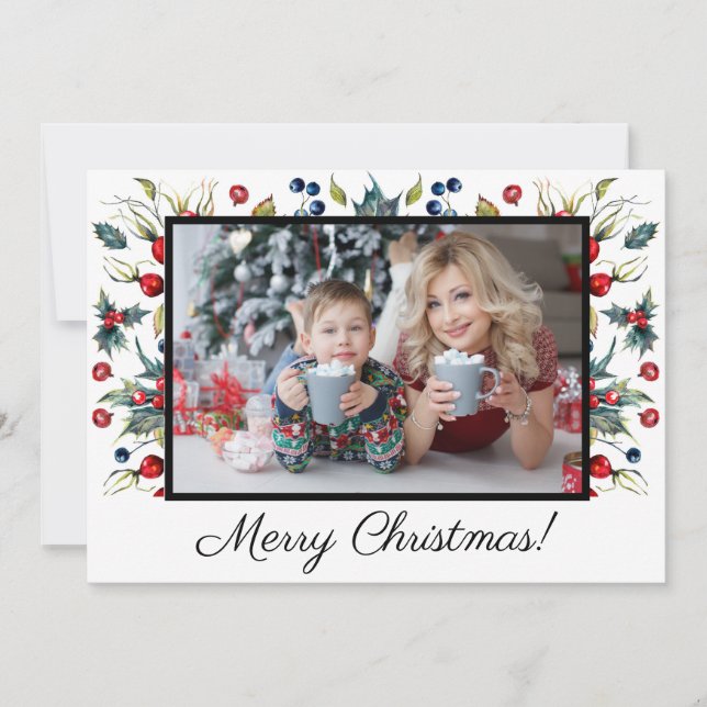 Holly Berries White Merry Christmas Photo Greeting Holiday Card (Front)