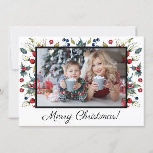Holly Berries White Merry Christmas Photo Greeting Holiday Card