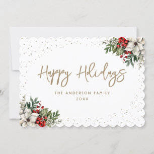 Holly Berries White Poinsettia Elegant Holiday Card