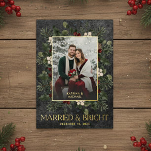 Holly Berries Wine Married Bright Christmas Photo Foil Holiday Card