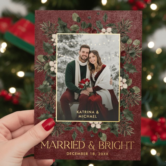Holly Berries Wine Married Bright Christmas Photo Foil Holiday Card (Creator Uploaded)