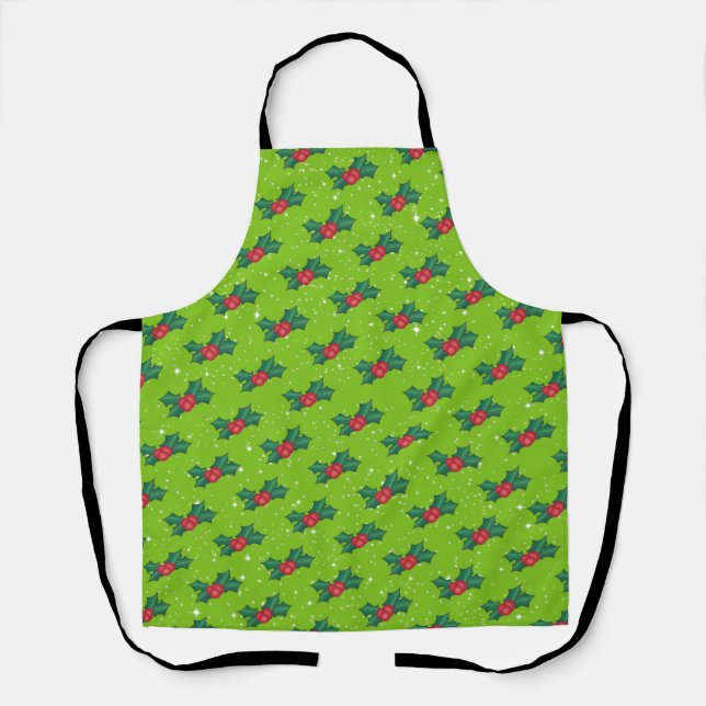 Holly Berries with Snow and Stars on Bright Green Apron (Front)