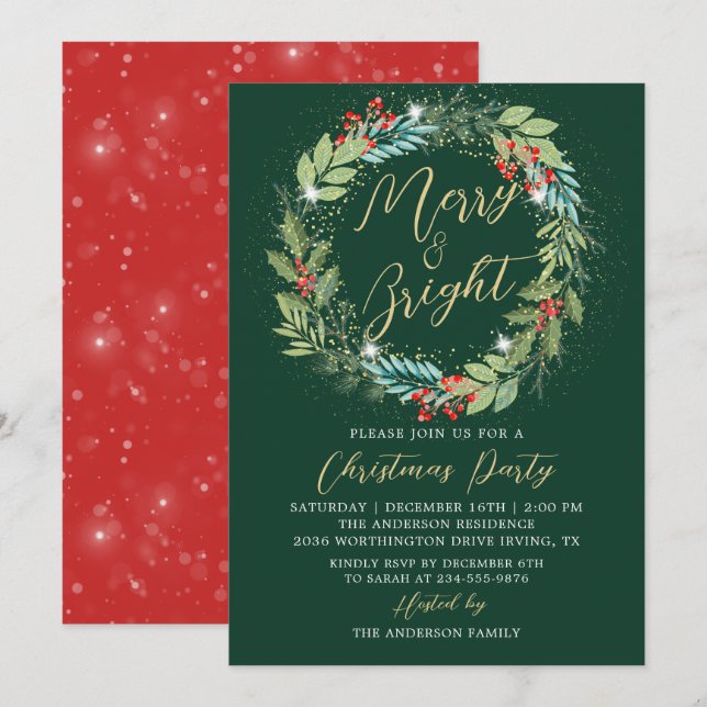 Holly Berries Wreath Green Red Christmas Party Invitation (Front/Back)
