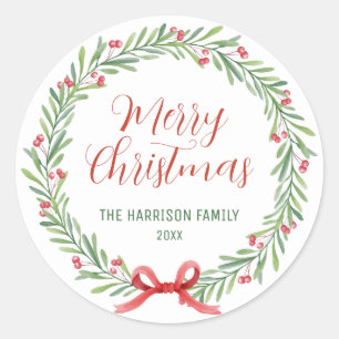 Holly Berries Wreath Greenery Christmas Classic Round Sticker