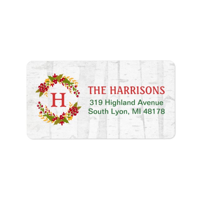 Holly Berries Wreath Initial White Winter Woodland Label (Front)