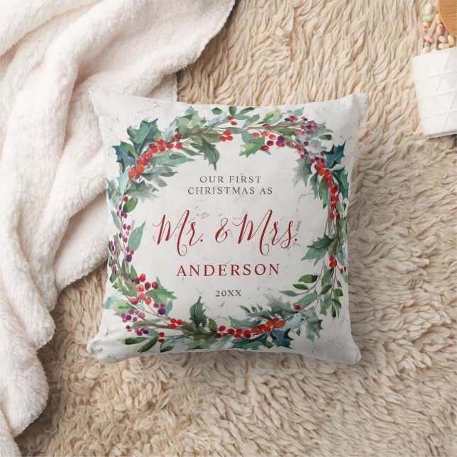 Holly Berries Wreath Marble Mr. & Mrs. Christmas Cushion (Blanket)