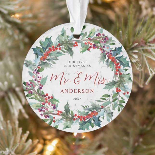 Holly Berries Wreath Marble Mr. & Mrs. Christmas Ornament (Tree)