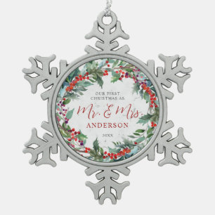 Holly Berries Wreath Marble Mr. & Mrs. Christmas Snowflake Pewter Christmas Ornament