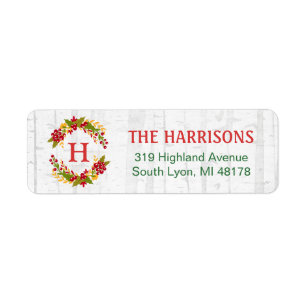 Holly Berries Wreath Monogram Winter Birch Wooden