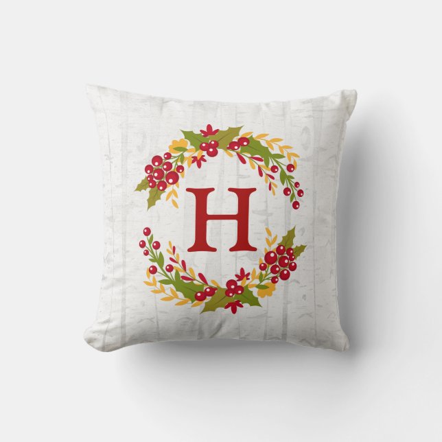 Holly Berries Wreath Monogrammed Family Wishes Cushion (Front)