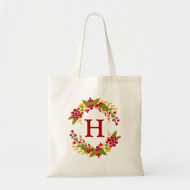 Holly Berries Wreath Monogrammed Tote Bag (Front)