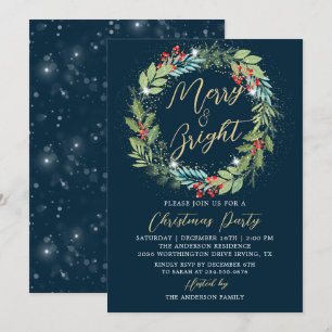 Holly Berries Wreath Winter Blue Christmas Party Invitation