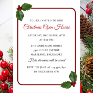 Holly Berrries and Leaves Christmas Open House Invitation