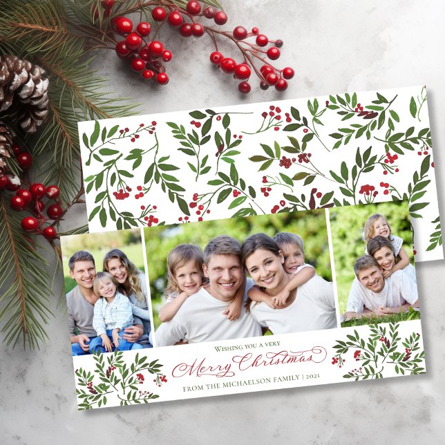 Holly Berry 3 Photo Christmas Modern Holiday Card (Holly Berry 3 Photo Christmas Modern Holiday Card)