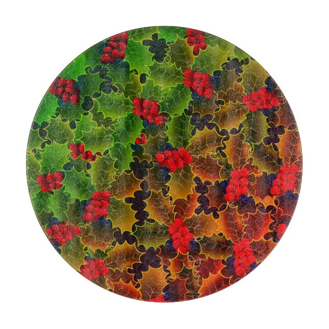 Holly berry and leaves glowing winter hearth cutting board (Front)