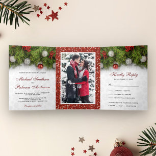 Holly Berry and Pine Leaves Christmas Wedding Tri-Fold Invitation