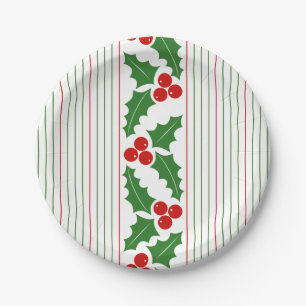 Holly berry and red, green stripes Christmas Paper Plate