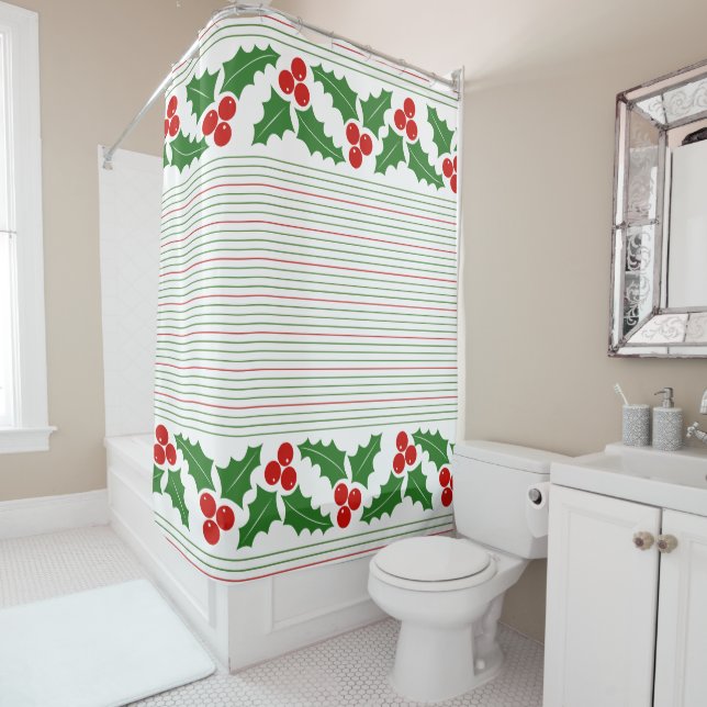 Holly berry and red, green stripes Christmas Shower Curtain (In Situ)