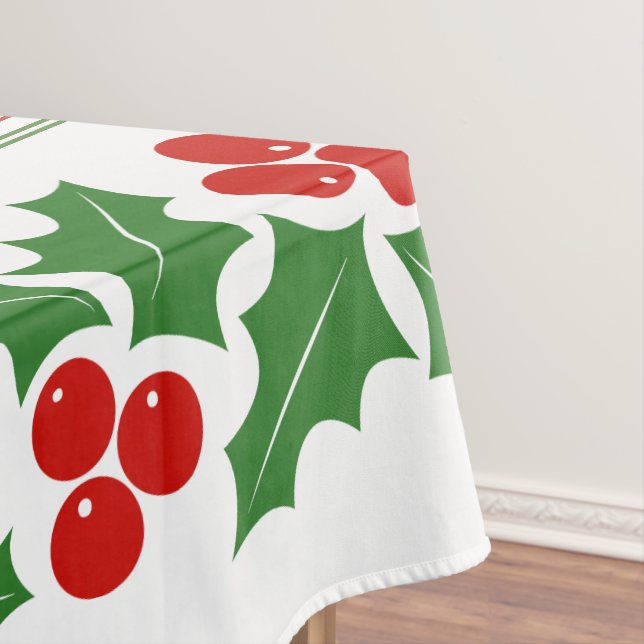 Holly berry and red, green stripes Christmas Tablecloth (In Situ)
