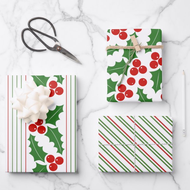 Holly berry and red, green stripes Christmas Wrapping Paper Sheet (Front)