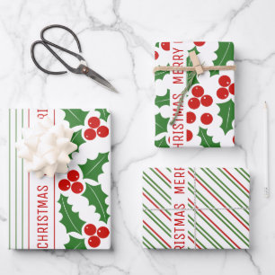 Holly berry and red, green stripes Merry Christmas Wrapping Paper Sheet
