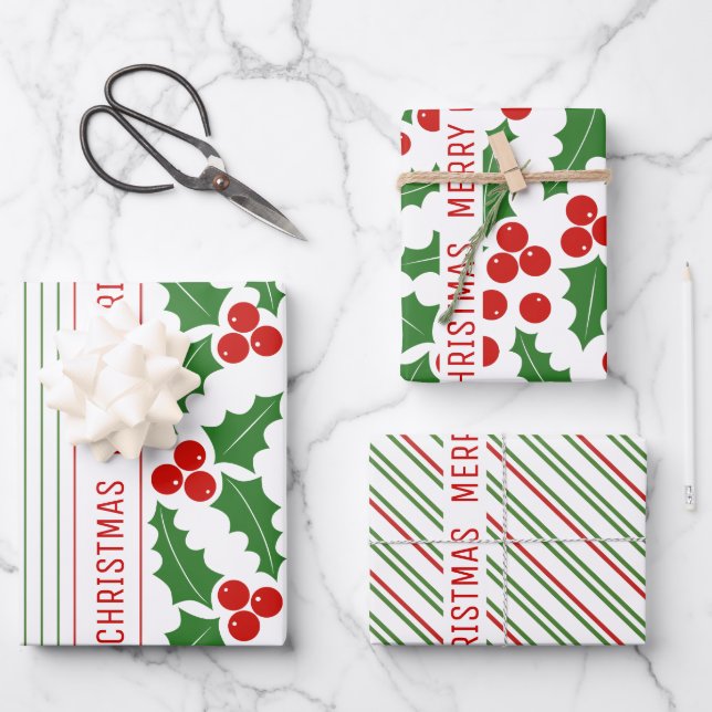 Holly berry and red, green stripes Merry Christmas Wrapping Paper Sheet (Front)